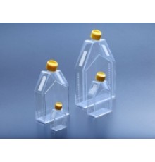 Флаконы культуральные, 115 см2, стенка с клеящейся пленкой, V-образное отверстие, скошенное горло, крышка с гидрофобным фильтром 0,22 мкм, PS, стерильные.